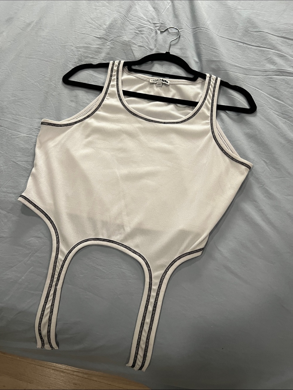 White Ribbed Tank Bodysuit with Contrast Stitching